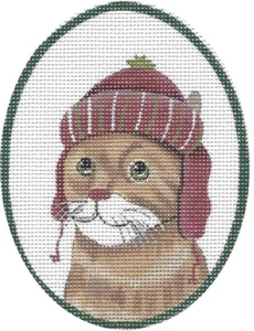 Needlepoint Handpainted Christmas CBK Cat with Red Hat 3x4 - Picture 1 of 1
