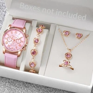 Fashion Women's Quartz Watch Set – Leather Band & Rhinestone Jewelry (4/5pcs) - Picture 1 of 35