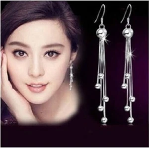 Celeb Style Women 925 Silver Plated 5 Tassel Ball Stud Long Drop Dangle Earrings - Picture 1 of 3
