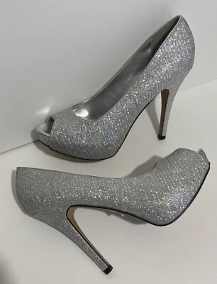 Worthington Heels Womens 7 1/2 M Pumps Silver Peep Toe Stiletto Sparkle Prom - Image 1 of 4