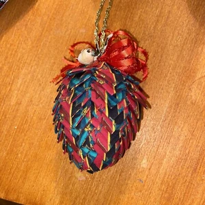 Quilted Pinecone Christmas Ornament Fabric Plaid W Bird Red Bow 4" Handmade VTG - Picture 1 of 3