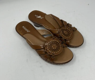 Nicole Heeled Leather Round Toe Slide Sandals brown Women's Size 6 - Image 1 of 4