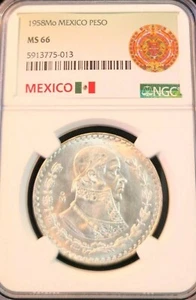 1958 MEXICO SILVER 1 PESO JOSE MORELOS NGC MS 66 VERY HIGH GRADE BRIGHT BEAUTY - Picture 1 of 5