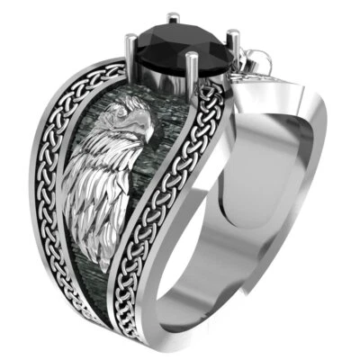 Anel de prata esterlina 925 ônix cabeça de águia pássaro motociclista moda animal joias - Imagem 1 de 4