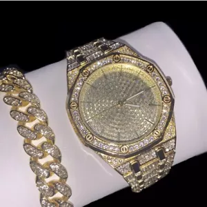 Mens Luxury Bling Gold Plated Out Diamond Designer Iced Watch & Bracelet Set New - Picture 1 of 8