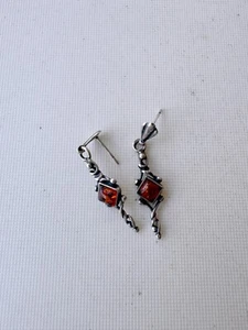 vintage 925 sterling silver inlaid amber drop hook earrings 1.3 inches - Picture 1 of 2