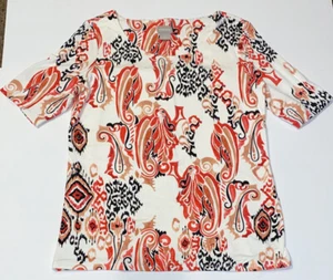 Chicos 1 Women Size Med Tunic Top Red Blk Wh Short Slv Shirt Rayon Stretch NWOT - Picture 1 of 8