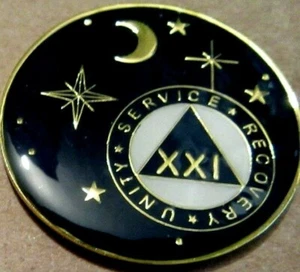 Moneda Ficha Medallón Oro Negro Luna Alcohólicos Anónimos AA 21 Años Chip Sobrio - Imagen 1 de 9