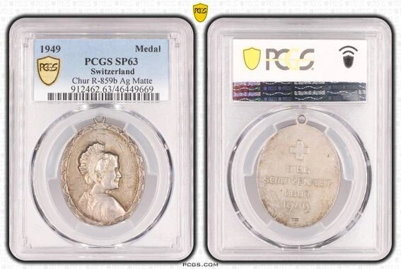 Switzerland Graubunden 1949 Silver Shooting Medal RARE PCGS SP63 Swiss Woman - Image 1 of 1