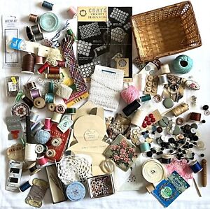 Vintage Lot Sewing Items Haberdashery Cotton Reels Buttons Pins Threads Needles