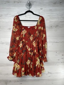 Patrons of Peace Dress Womens Medium Red Floral Long Sleeve Boho Tiered Ruffle - Picture 1 of 10