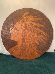Antique Art Pyrography Native American Indian Feathers Art Nouveau 19 1/2” - Picture 1 of 11