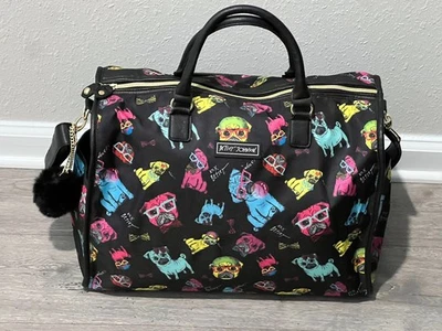 BETSEY JOHNSON Negro PUG Perro Fin de Semana Viaje Bolsa de Lona Bolso de Mano Difícil de Encontrar Cachorro Foto 1 de 4