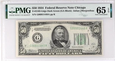 1934 $50 Federal Reserve Note Dark Green Seal Chicago PMG 65 EPQ - Image 1 of 2