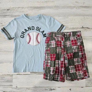 GYMBOREE 7 8 Boys Baseball Grand Slam Tee & Plaid Patchwork Shorts 7-8 DC-TT-20 - Picture 1 of 4