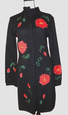 Vestido suéter cardigã vintage XS 4 6 Jane S. 100% lã bordado floral vermelho verde - Imagem 1 de 4