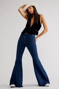 Free People Women 35 Just Float On Flare Jeans High Rise Dark Wash Denim Wide - Picture 1 of 14