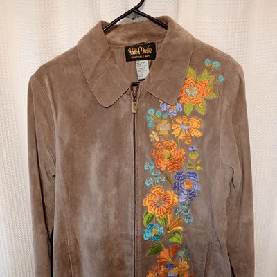  Chaqueta Bob Mackie Usable Arte Floral Gamuza/Cuero Marrón Talla Mediana  Foto 1 de 4