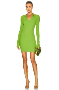 💚 HELMUT LANG Lawn Green Marl Ribbed Long Sleeve Collared Polo Mini Dress M = 8 - Picture 1 of 14