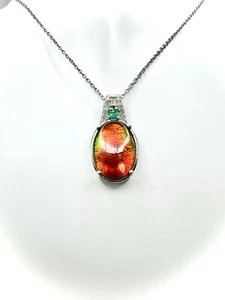 Canadian Ammolite & Emerald, Diamond Pendant 0.20 Ctw Necklace 20” Rhodium / 925 - Picture 1 of 14