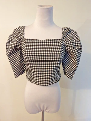 Nuevo Topshop Talla 8 Top Recortado Mangas Abullonadas Elástico Blanco y Negro Blusa 2863 Foto 1 de 4