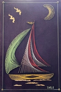 Retro 70s String Art Sailboat & Moon On Purple Wall Art Finished Ready To Hang - Picture 1 of 7
