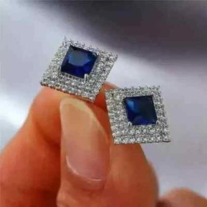2.5Ct Princess Cut Lab Created Sapphire Halo Stud Earrings 14K White Gold Plated - Picture 1 of 6