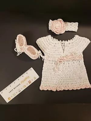 Preemie/ Newborn Hand Crochet Dress set. Pink/white.  - Image 1 of 4