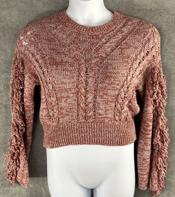 Wildfox Small Warren Sweater Pink Red Pullover Cable Knit Fringe Sleeve Sample - Image 1 of 4