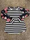 FASHION Navy White Stripe Floral Long Sleeve Dress Top Med Rose NEW