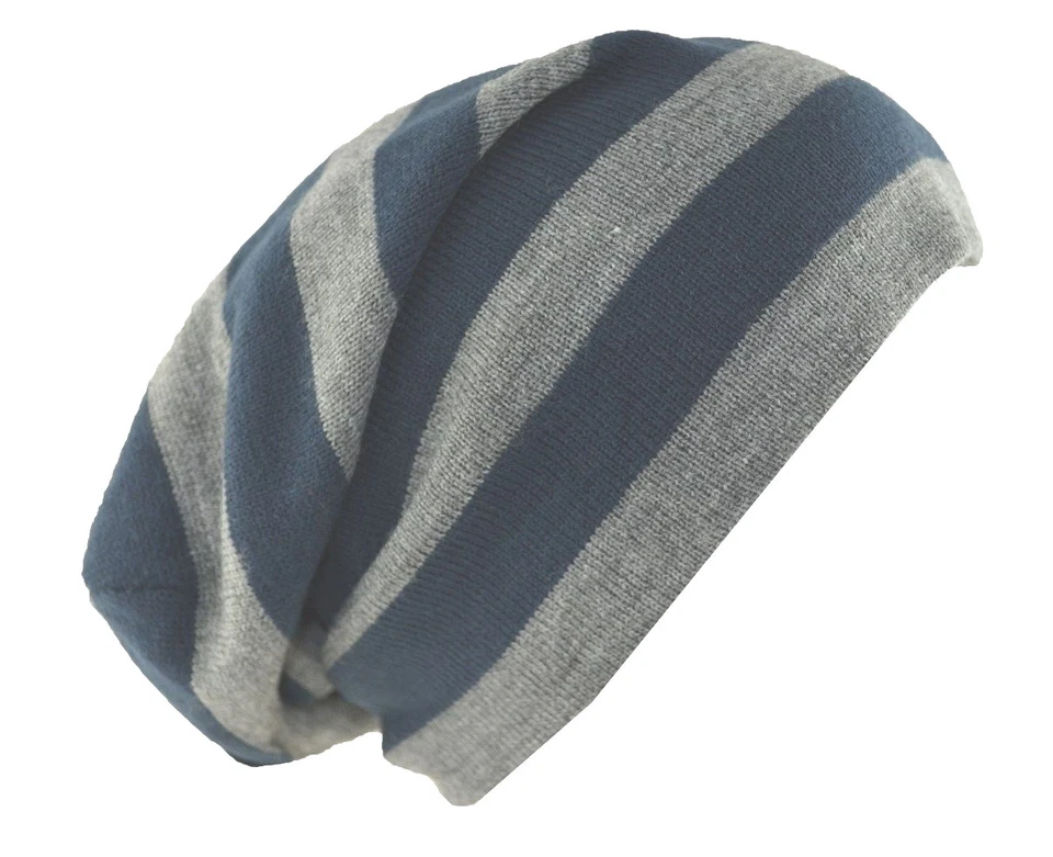 D&Y Men's Long Beanie Reversible Stripe Knit Hat 12" Gray Blue - Image 1 of 1