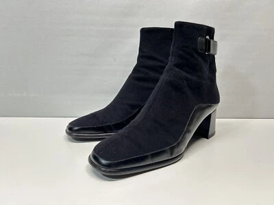 Salvatore Ferragamo 女式黑色面料皮革表带拉链踝靴 9 B 码 — 第 1/4 张图片