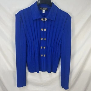 WOMENS ST JOHN MARIE GRAY ROYAL BLUE RIB KNIT ZIP CARDIGAN SIZE 10 USA HORSE-BIT - Picture 1 of 6