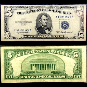 1953-A Series lincon five Dollar $5 blue Seal US Federal Reserve Note #701 - Picture 1 of 3