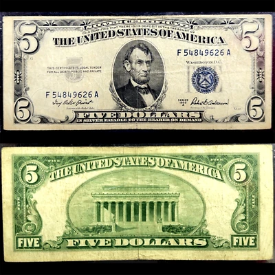 1953-A Series lincon five Dollar $5 blue Seal US Federal Reserve Note #701 - Image 1 of 3