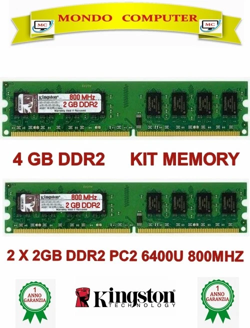 4 GB DDR2 (2 X 2GB) KIT MEMORIA/RAM PC2 6400 2RX8 800MHZ ALTA DENSITÀ<KINGSTON > - Immagine 1 di 1