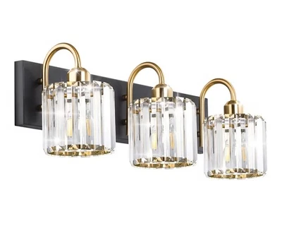 Luces de tocador doradas y negras de 3 luces - Accesorios de baño de cristal sobre espejo Foto 1 de 4