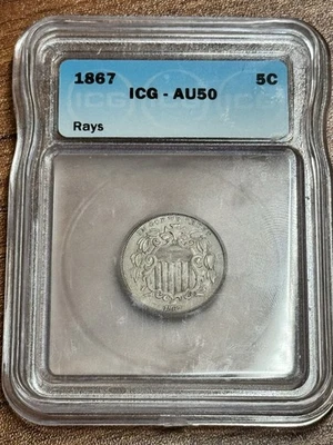 1867 Shield Nickel With Rays Graded ICG AU50 Nice Key Date Type Coin (Slab1295) - Image 1 of 2