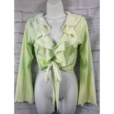 V-Rus Wrap Top Green Yellow Size M 12 Stretchy Party Summer Blouse Festival - Image 1 of 4