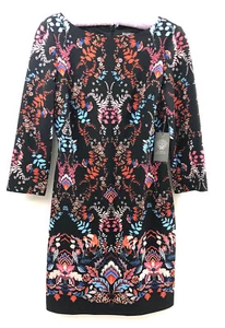 New Vince Camuto Printed Scuba Shift Dress Woman Size 4 Black Floral 3/4 Sleeve - Picture 1 of 7