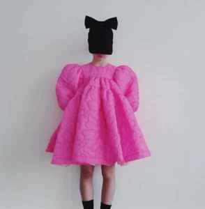 CAROLINE BOSMANS “Idiot Repellant” Puff Sleeve Dress Matte Neon Pink 12 - Picture 1 of 5