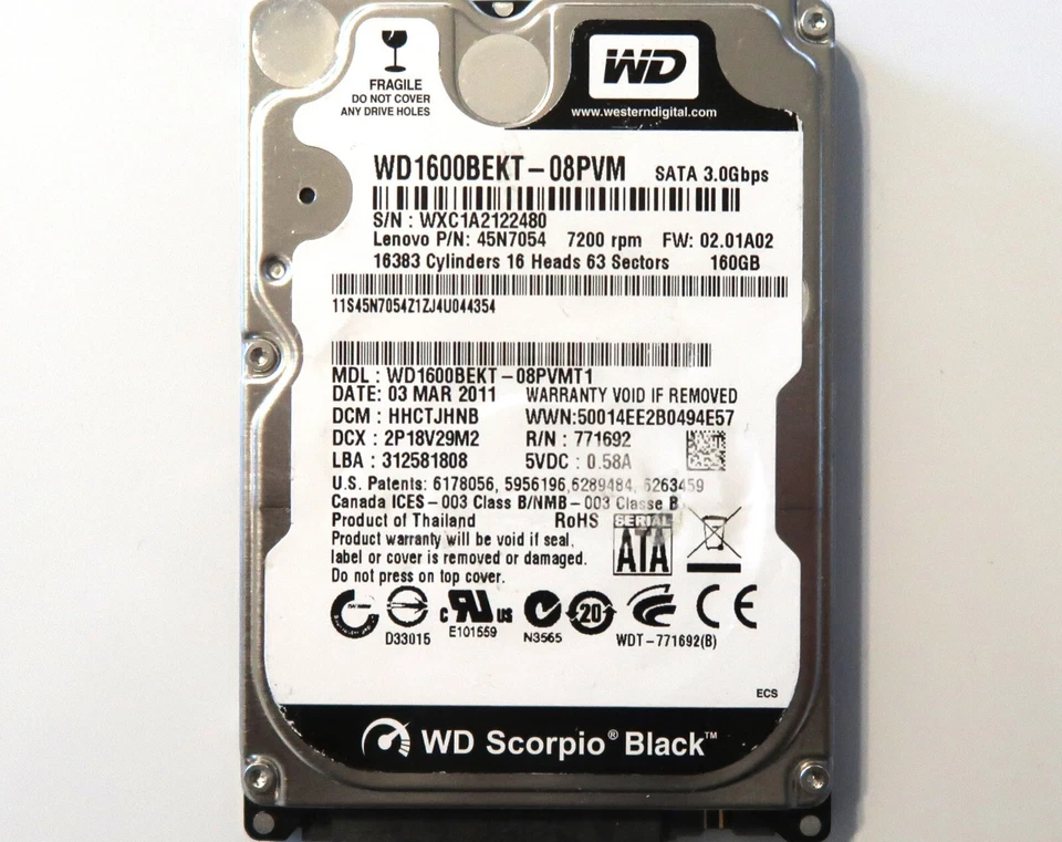 WD WD1600BEKT-08PVMT1 HHCTJHNB (WXC1) Thailand 160gb 2.5" Sata HDD 03MAR2011 - Image 1 of 1