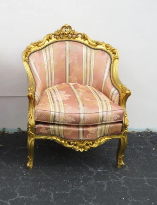French Rococo Heavy Carved Painted Gold Large Side Fireplace Chair 5344 - Image 1 of 4