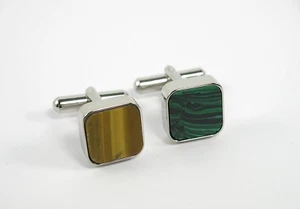 Gemelos Camisa Hombre Cuadrado Mon Art con Piedras Verde O Marrón Hecho En Italy - Imagen 1 de 3