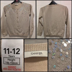 George Cardigan Beige Festive Christmas Sequin Party Jumper Ages 11-12 Yrs Girl - Picture 1 of 8