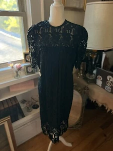 Vintage Black Crochet Pleated Dress Stevie Nicks Witchy romantic Formal size 10 - Picture 1 of 9