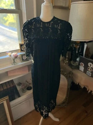 Vestido Plisado Vintage Negro Crochet Stevie Nicks Bruja Romántico Formal Talla 10 Foto 1 de 4