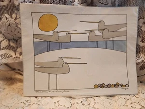 Vintage Aquarell oder Druck Strandvögel auf einer Monterey Düne signiert Meyers - Bild 1 von 8