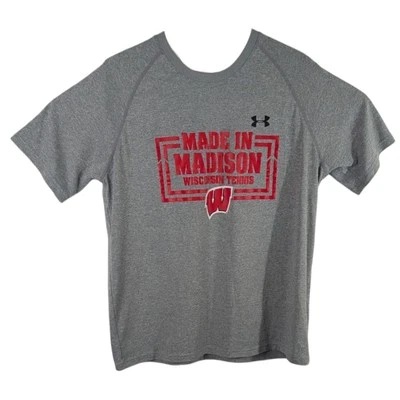 Wisconsin Badgers Tennis T-Shirt Tee Red Made in Madison Large Under Armour Gray - Image 1 of 4
