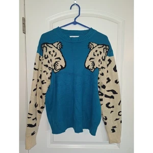 Angashion Womens XL Blue Leopard Print Knit Pullover Sweater - Picture 1 of 3